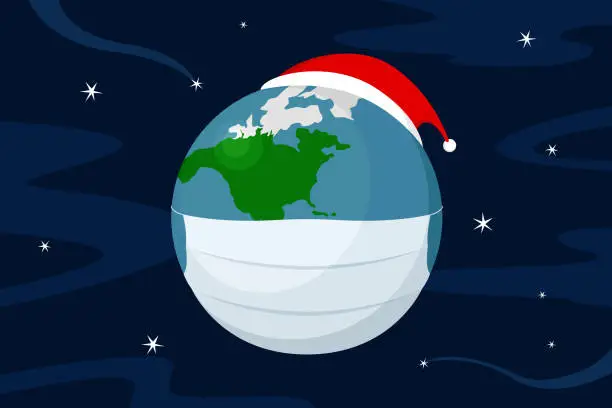 Vector illustration of Planet Earth in medical mask and Christmas hat. Cartoon. Vector illustration.