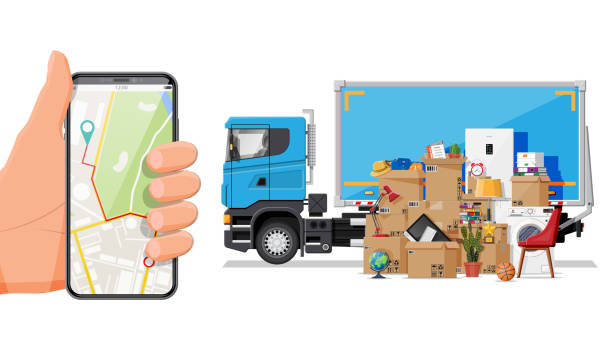 lkw mit haushaltsgegenständen, smartphone mit karte. - truck moving van moving house box stock-grafiken, -clipart, -cartoons und -symbole
