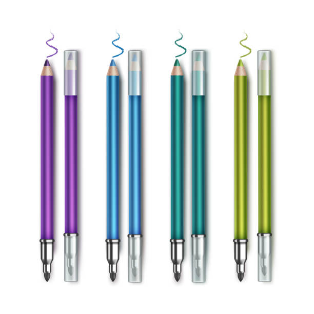 istock Vector set of Colored Blue Emerald Green Purple Violet Double sided Cosmetic Makeup Eyeliner Pencils with Transparent Caps and sample strokes Isolated on White Background 1276381691
