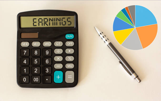 istock Earning text word on calculator, charts and pen on white background 1276382918