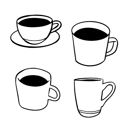 Vector illustration of a collection of coffee cups in a sketch and doodle style. Cut out design elements for online messaging, social media, teamwork and office lifestyles, home, kitchen equipment, bars and restaurants, coffee shops and coworking spaces and community ideas and concepts.