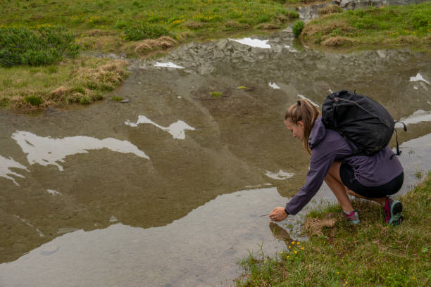 istock Female hiker looks off to distant mountain scene 1276385262