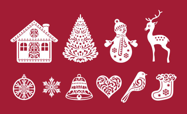 Christmas or New Year set of decorations. Laser cutting templates. Vector winter holiday illustrations. Christmas hut, tree, snowman, deer, ball, snowflake, bell, heart, bird and sock. Christmas or New Year set of decorations. Laser cutting templates. Vector winter holiday illustrations. Christmas hut, tree, snowman, deer, ball, snowflake, bell, heart, bird and sock. snowflake shape silhouettes stock illustrations