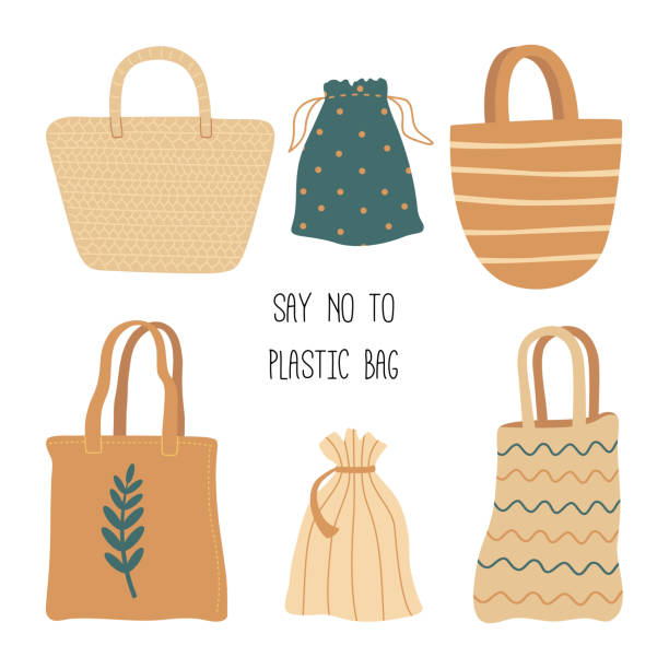 6 bags say no to plastic bags Zero waste concept, set of eco bags, fabric, mesh, wicker, straw, cotton shopper. Say no to plastic bags. Vector illustration, flat cartoon style, isolated on white background. beach bag stock illustrations