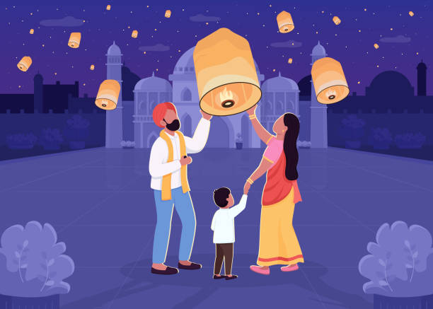 illustrations, cliparts, dessins animés et icônes de illustration de vecteur plat de couleur de lanterne indienne de lanterne - diwali illustrations