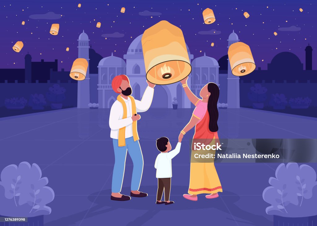 Indian Lantern Festival Flat Color Vector Illustration Stock Illustration -  Download Image Now - iStock