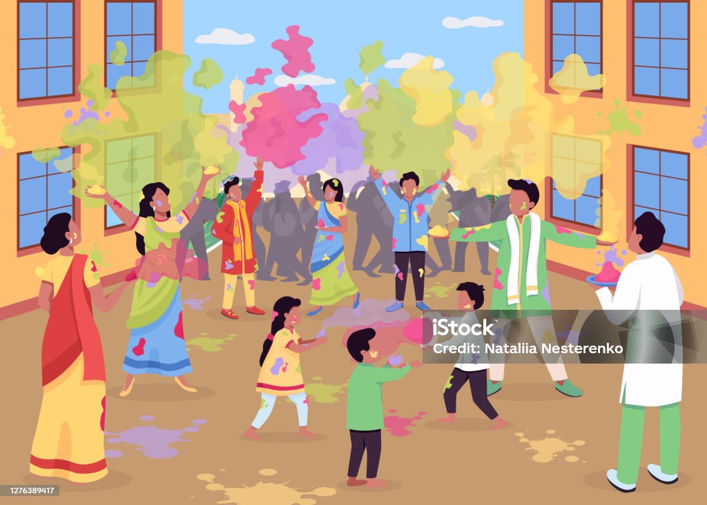 Holi Celebration Flat Color Vector Illustration Stock Illustration -  Download Image Now - Holi, Child, India - iStock