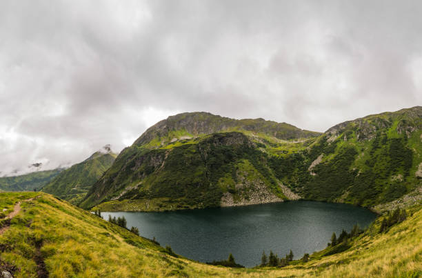 mountain lake with green grasses and trees panorama view