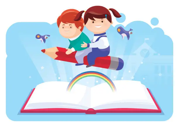 Vector illustration of little boy and girl riding on pencil with book