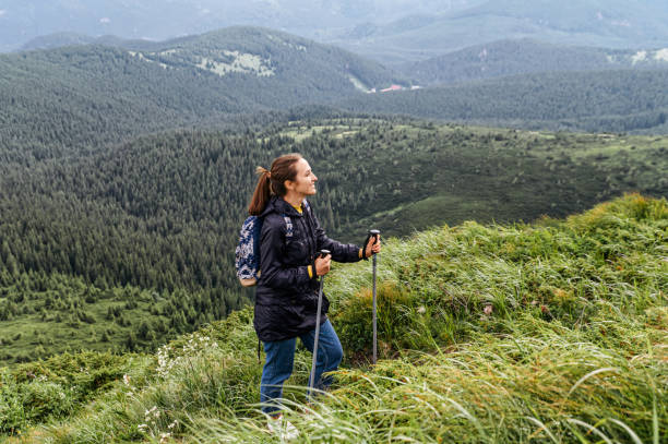 istock Female hiker with a sticks for a nordic walking 1276401188