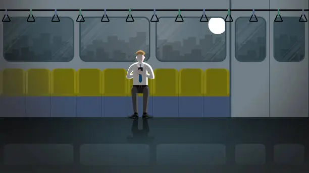 Vector illustration of Office man use smart phone in public transportation. Alone in the dark and light from full moon. Lonely people in the city. Lifestyle of work overtime and overwork. Idea illustration concept scene.