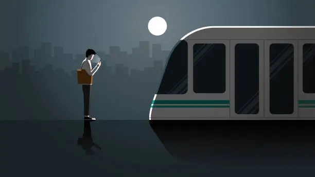 Vector illustration of Lonely office man first jobber use smart phone waiting in public transportation station for last train at night alone in the dark and full moon light. City lifestyle of work late overtime and overwork