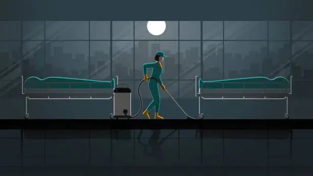 Vector illustration of Scare concept of woman cleaning maid service working in morgue room hospital with corpse . Alone in dark and full moon light. Career lifestyle of work hard overtime overwork. Idea vector horror scene.