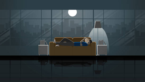 istock A man lay down on sofa and use smart phone stay in house. Alone in the dark and light from full moon and lamp. Lonely people city lifestyle relaxing after work. Idea illustration vector concept scene. 1276402427