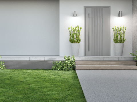 3d rendering of green grass lawn in modern home.