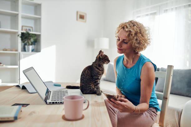 istock Woman working from home on a laptop / notebook with cat pet with her. 1276403136