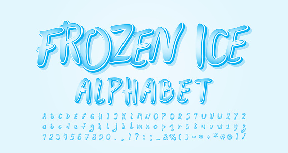 Frozen ice alphabet. Cartoon handwritten font for flyers, posters, banners of winter theme. Vector illustration.