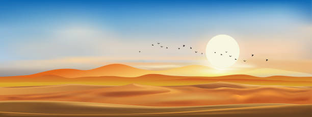 istock Realistic Vector Dramatic desert landscape in evening with sunset, sky line in blue pink and yellow.Template design for product or advertising, travel or nature display backdrop and banner background 1276409999