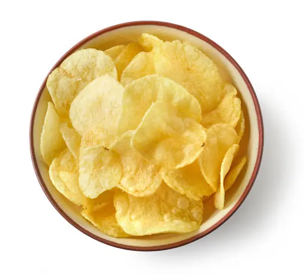 bowl of potato chips isolated on white background, top view