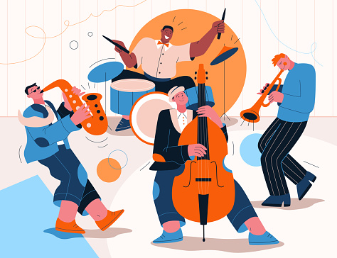 Jazz band playing music at festival, concert or perform on stage. Musicians play musical instruments - saxophone, drums, trumpet, double bass. Vector character illustration of entertainment artists