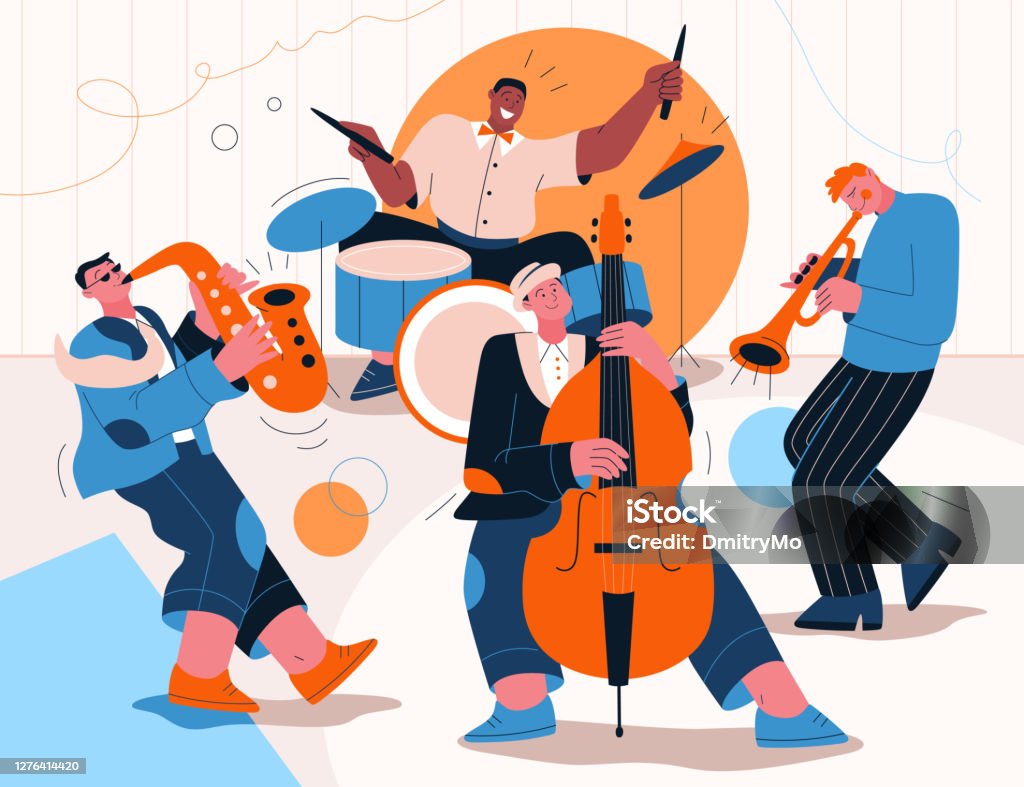 Jazz band playing music at festival, concert or perform on stage Jazz band playing music at festival, concert or perform on stage. Musicians play musical instruments - saxophone, drums, trumpet, double bass. Vector character illustration of entertainment artists Performance Group stock vector