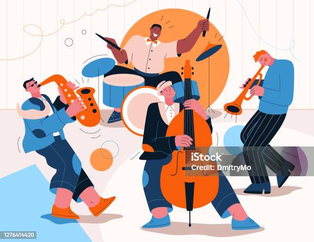 Jazz Band Playing Music At Festival Concert Or Perform On Stage Stock Illustration - Download Image Now