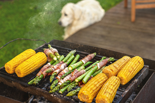 Gourmet barbecue. Grill veggies - corn, asparagus with bacon and prosciutto. Golden retriever napping during family barbeque in the backstage of summer terrace.