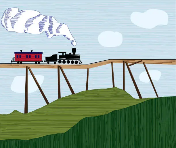 Vector illustration of Locomotive on a wobbly bridge