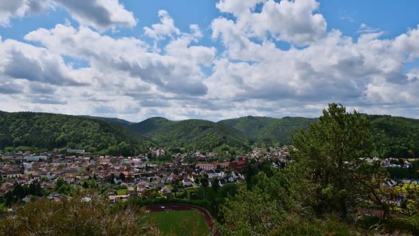 istock Panorama view over village Dahn (Palatinate Forest, Rhineland-Palatinate, Germany), located in a valley surrounded by forests and hills with sandstone formation in background. 1276416908