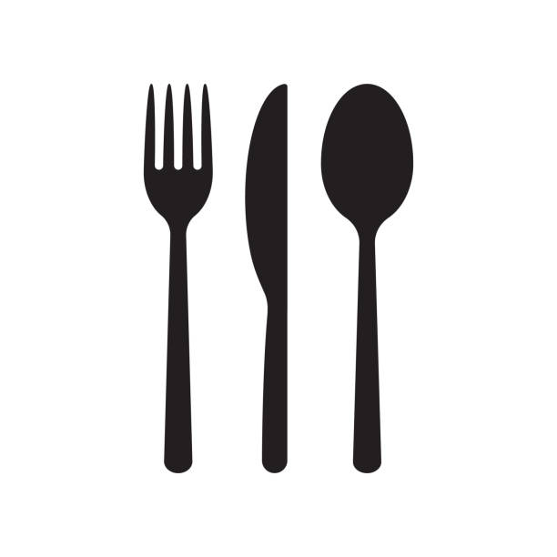 フォークナイフとスプーンアイコンのロゴ。シンプルな平らな形状の記号。レストランカフェキッチンダイナープレイスメニューシンボル。ベクターの図イメージ。白い背景に黒いシルエッ� - スプーン点のイラスト素材／クリップアート素材／マンガ素材／アイコン素材