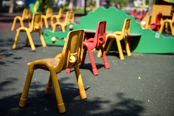 istock Empty chairs inside a kinder garden play zone, maintaining social distance as a measure during the COVID 19 pandemic 1276417845