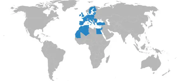 Vector illustration of Union for the Mediterranean countries highlighted on world map.