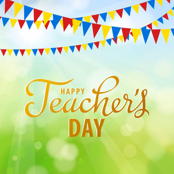 Celebrate Teacher's Day with bunting and gold colored calligraphy on the sunbeam green background