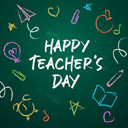 Celebrate Teacher's Day with icon set of paper airplane, apple, clip, alarm clock, light bulb, book, pencil, heart shape, music note and star drawing on the green chalkboard