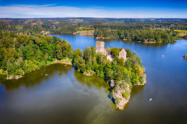 Lichtenfels ruins in Waldviertel. Beautiful famous landmark at lake Ottenstein in Waldviertel. Lichtenfels ruin in Waldviertel region. Beautiful famous landmark at lake Ottenstein in Waldviertel, Lower Austria. Aerial view during summer. lichtenfels stock pictures, royalty-free photos & images