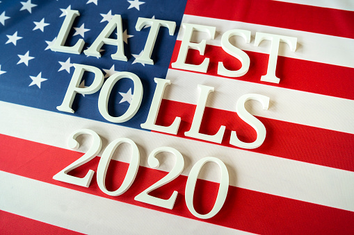 Latest polls sign and US flag. Concept for forecasts of USA election