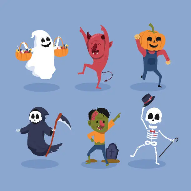 Vector illustration of Set of halloween characters dancing illustration