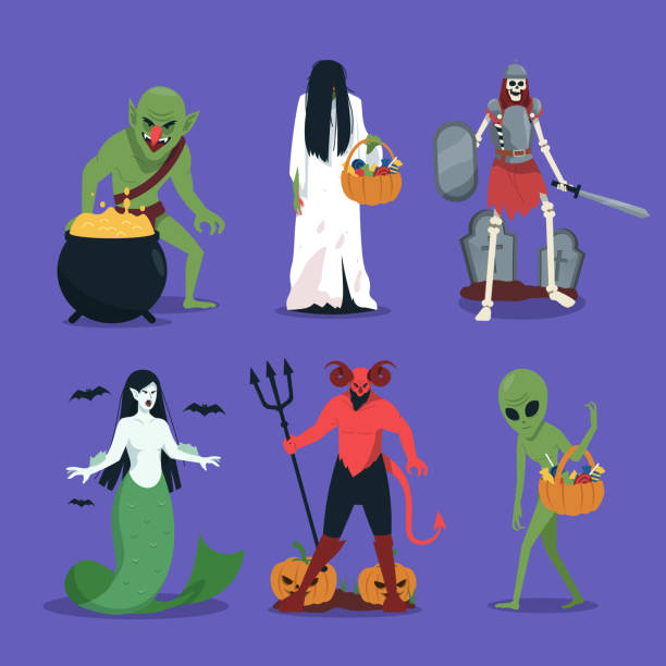 ilustraciones, imágenes clip art, dibujos animados e iconos de stock de colección de personajes de criaturas míticas para halloween - mala de la sirenita