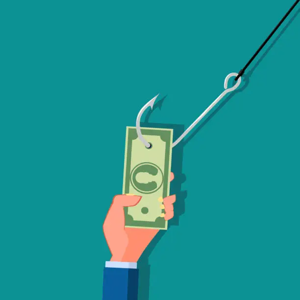Vector illustration of fishing rod phishing money cash with hand. Vector illustration