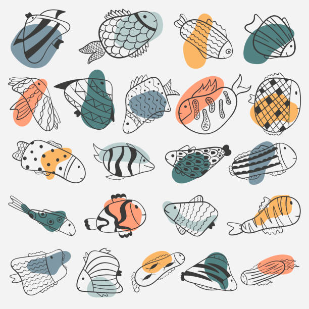 Vector doodle illustration. Cartoon fish of different shapes, with patterns. Background decoration. Vector doodle illustration. Cartoon fish of different shapes, with patterns. swimming drawings stock illustrations