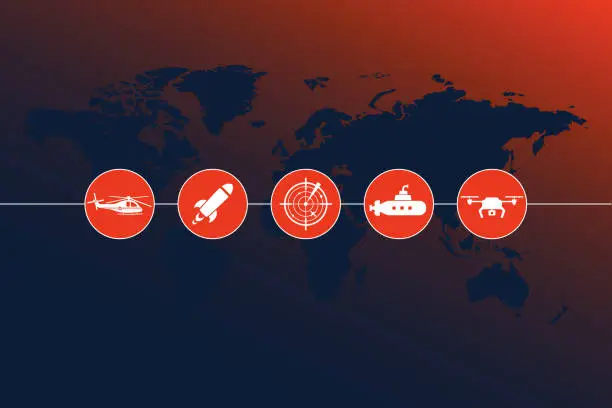 Vector illustration of Highly detailed world map with Army Motion icons and gradient background