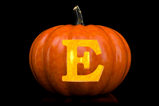 Glowing Letter E carved in pumpkin. Halloween font on black background, 3D rendering