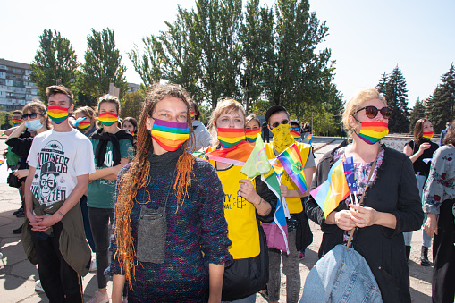 Zaporizhzhia, Ukraine – September 20, 2020: Group of activists taking part in LGBT Pride March in Zaporizhzhia