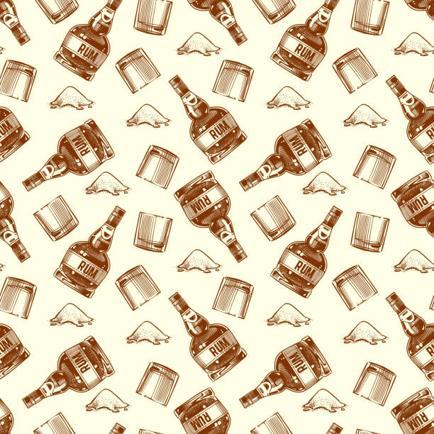 Bottle of rum and cocaine seamless pattern Bottle of rum, glasses and cocaine seamless pattern background. Vector illustration dog marijuana stock illustrations