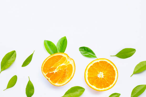 istock High vitamin C, JFresh orange fruit with green leaves  on white 1276428499