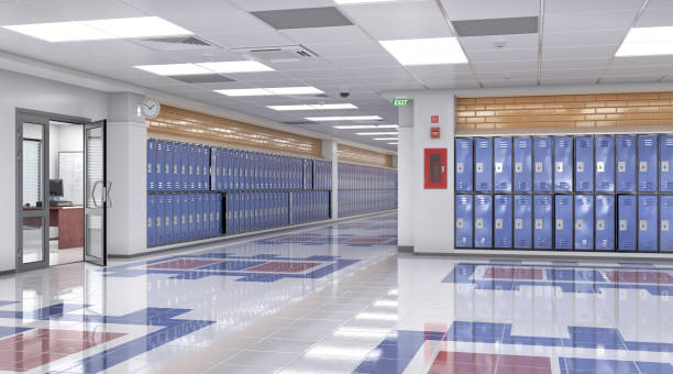 istock Long school corridor with blue lockers , 3d illustration 1276428506