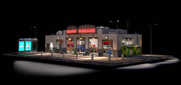 istock Auto repair building at night, 3d illustration 1276428516