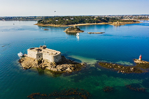 Morlaix France September 2020 Aerial view of the castle of Taureau in Bretagne France Build in the XVII century it is open nowadays for visitors