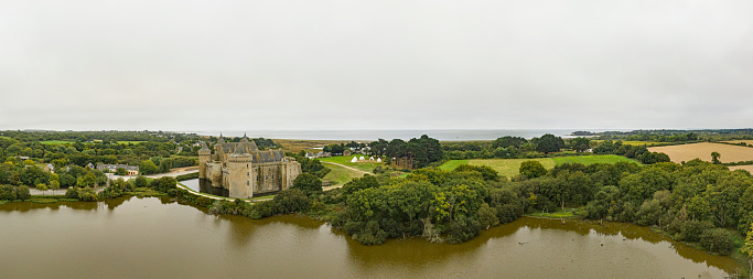 Sarceau France : September 2020 Aerial view of the medieval castle of Suscinio in Brittany France