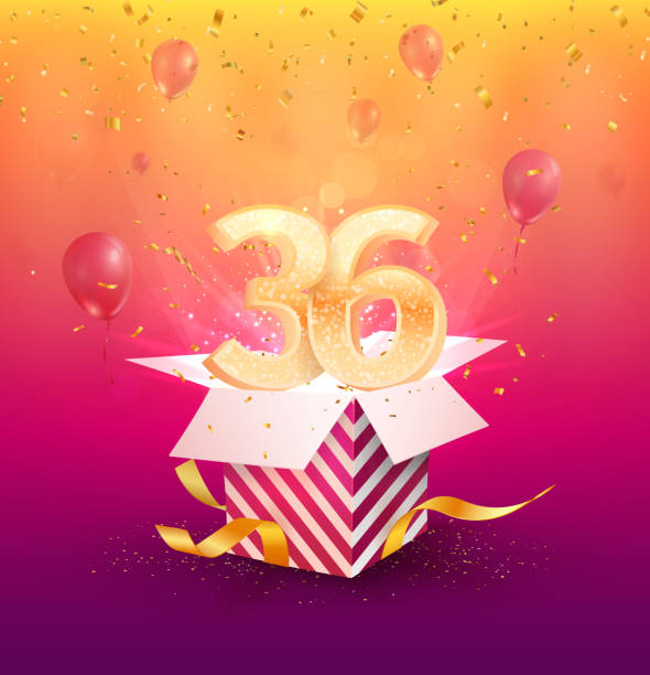 36 th years anniversary vector design element. Isolated thirty-six years jubilee with gift box, balloons and confetti on a bright background. 36 th years anniversary vector design element. Isolated thirty-six years jubilee with gift box, balloons and confetti on a bright background Number 36 stock illustrations